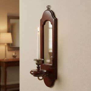 Vintage Bombay Company Wooden Mahogany Mirrored Wall Sconce Candle Holder 80s